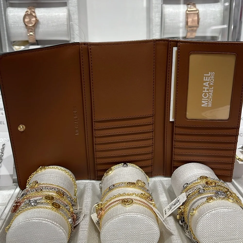 Michael Kors Jet Set Large Logo Trifold Wallet Camel Multi  NWT